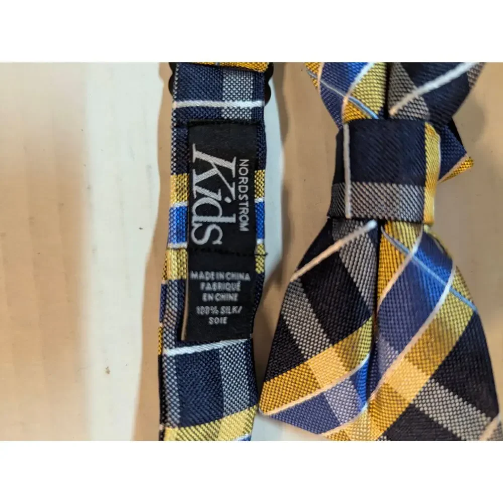 Nordstrom Kids Boys Plaid Pre-Tied Bow Tie Yellow Blue NWT